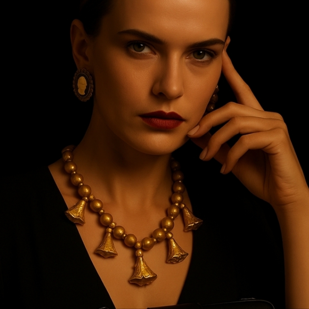 KENNETH JAY LANE 80s Vintage Regency Necklace Gold-Plated Tassel Statement RARE